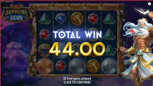 Tampilan visual slot Supreme Zeus dengan latar belakang Olympus dan petir