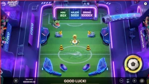 Tampilan visual stadion neon dan meja pinball dalam permainan slot Pinball Striker 20,000x