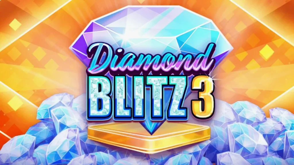 Tampilan visual slot Diamond Blitz 3 dengan latar belakang emas dan simbol permata yang berkilau.