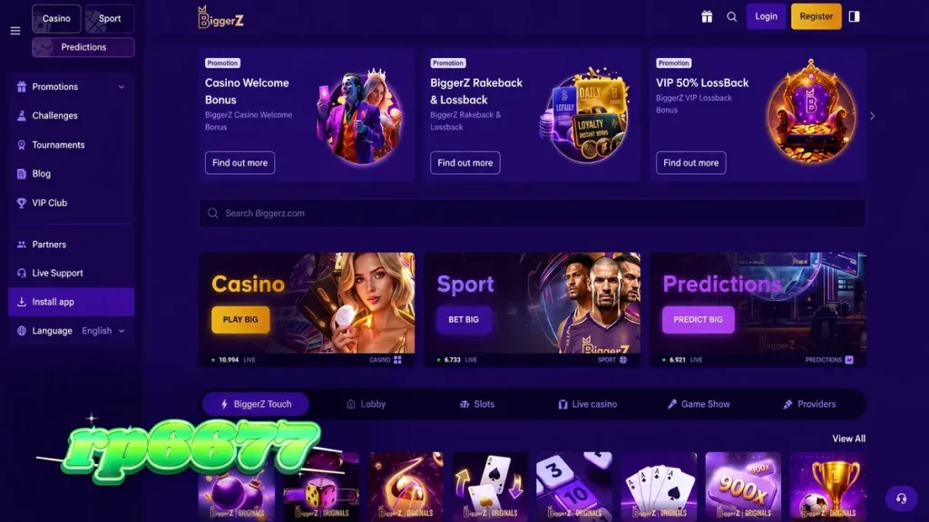Tampilan antarmuka platform BiggerZ yang menampilkan berbagai opsi taruhan dan permainan kasino.